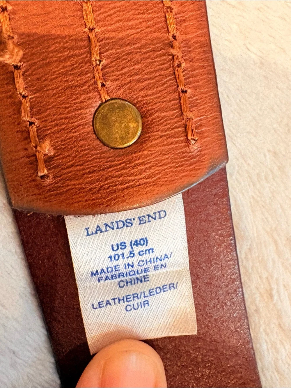 Lands' End Tan Leather Belt with Antique Brass-Tone Roller Buckle Sz 40